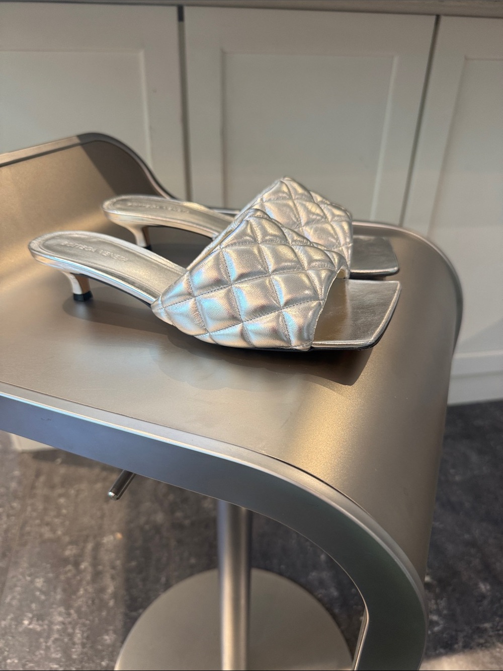 Bottega Veneta Quilted Padded Metallic Silver Slide 1 1/2” kitten heel - Picture 5 of 11